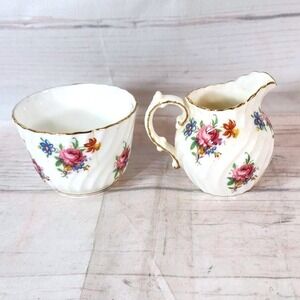 Aynsley England Bone China Sugar Bowl and Creamer Set Floral Pattern Gold Trim